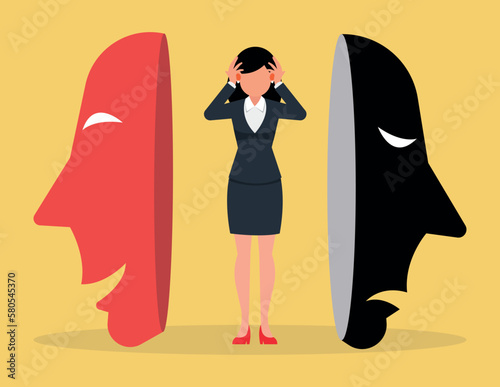 Fake faces and emotions. Business woman searching identity masks with happy or sad expressions