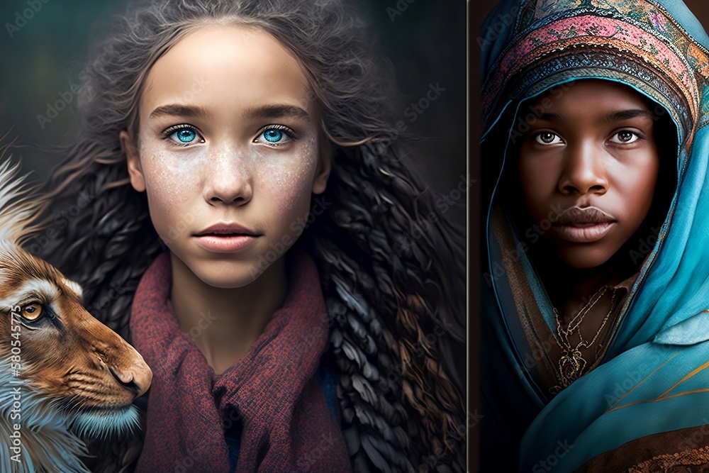 Portrait of two women. White and black girls portraits created with ...