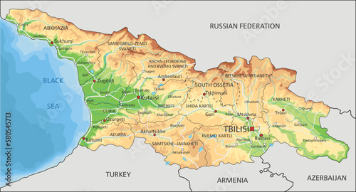 Highly detailed Georgia physical map with labeling.