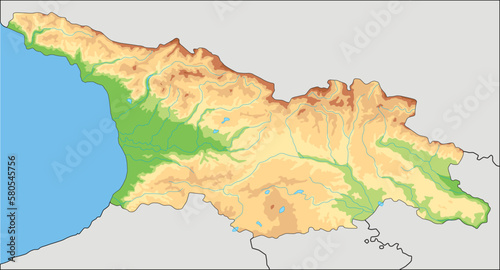 Highly detailed Georgia physical map.