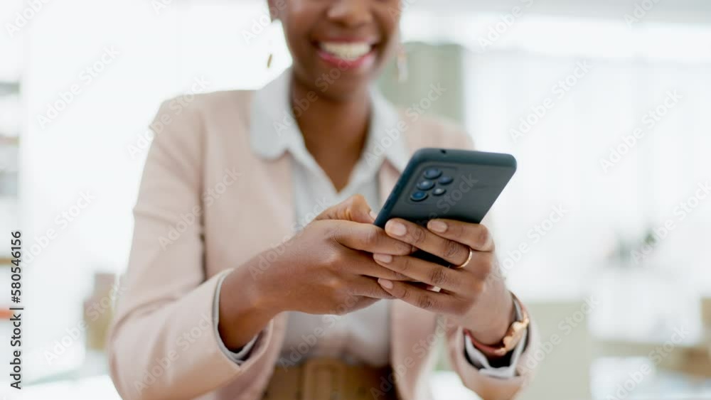 Typing, smartphone and hands of woman in office online for research, social media and chatting. Business, communication and happy female worker on phone for text, internet email and networking