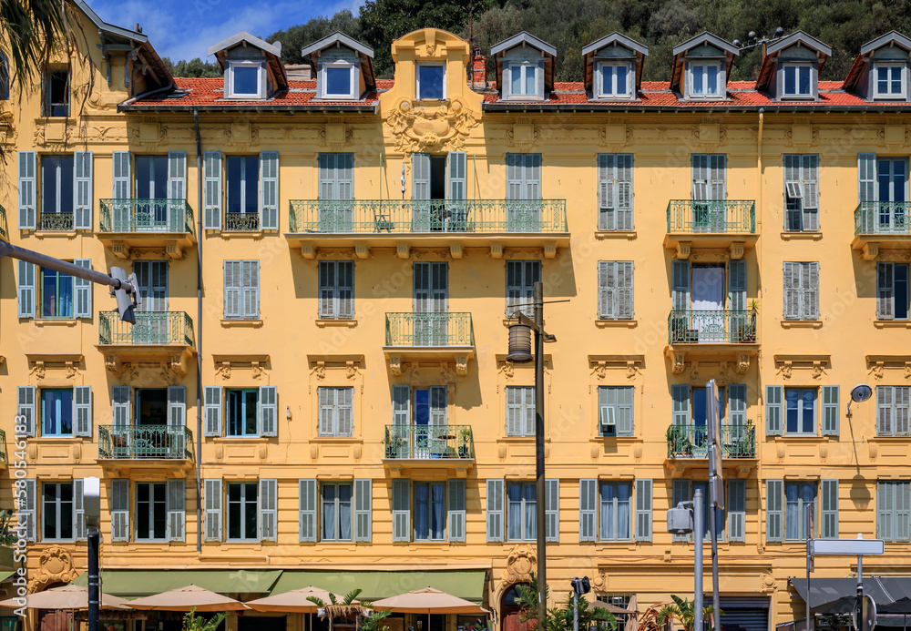 Traditional houses with ornate shutters in the Old Town in Nice, South of France