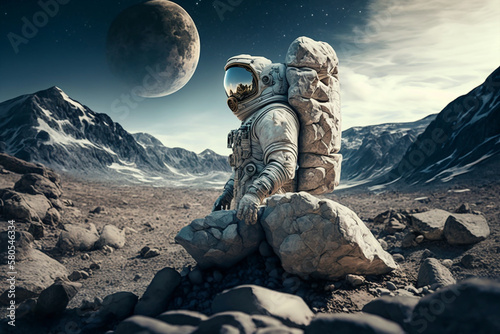 astronaut made of stones in the mountains. Generative AI 