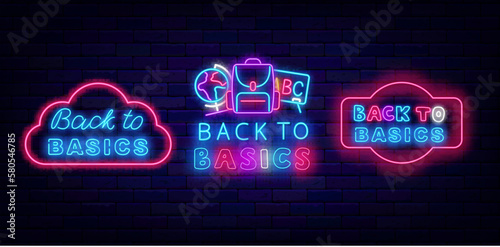 Back to basics neon labels collection. Vintage pink frames. Backpack, globe and chalckboard. Vector stock illustration photo