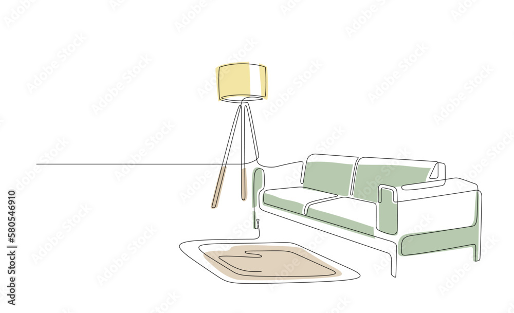 Continuous line drawing of sofa and floor lamp with color shapes. One ...
