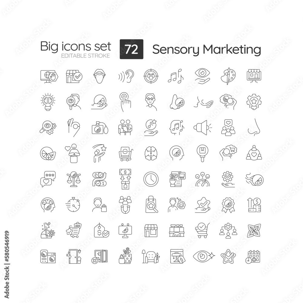 Sensory marketing linear icons set. Appeal to five senses. Business target audience. Product promotion. Customizable thin line symbols. Isolated vector outline illustrations. Editable stroke - obrazy, fototapety, plakaty 