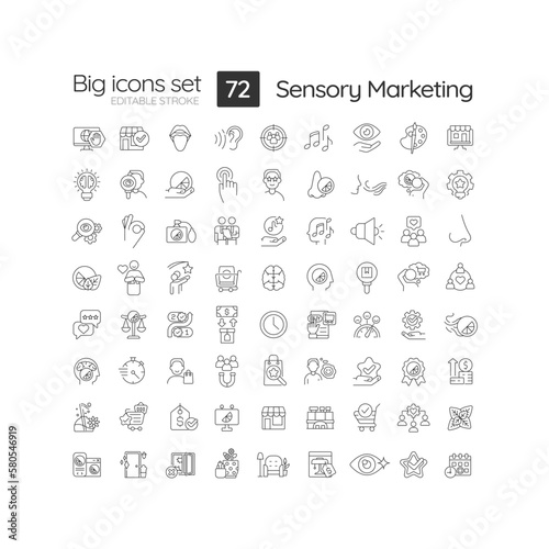 Sensory marketing linear icons set. Appeal to five senses. Business target audience. Product promotion. Customizable thin line symbols. Isolated vector outline illustrations. Editable stroke