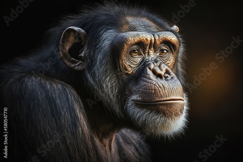 Portrait of a male chimpanzee in light and shadow Chimpanzee Light & Shadow. Generative AI © AkuAku