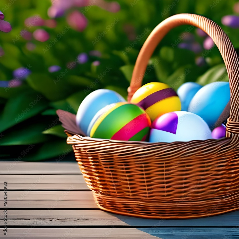 Decorated easter eggs in a basket in the garden, AI generated