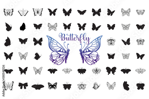 Butterfly silhouette set. Vector monochrome illustration Decorative design elements. © Khawla