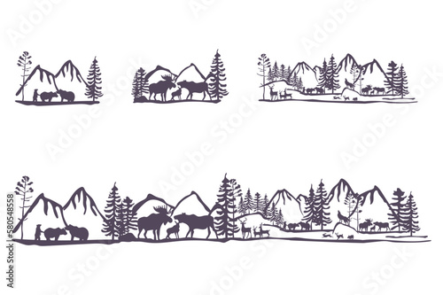 Landscape Mountain Tree Animals Silhouette, Vector set of illustration with wild animals
