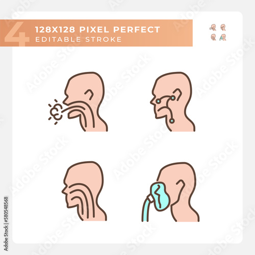 Throat treatment pixel perfect RGB color icons set. Infections spreading prevention. Patients with diseases. Isolated vector illustration. Simple filled line drawing. Editable stroke