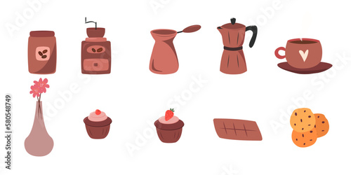 Set of coffee elements. coffee maker, french press, pot, coffee grinder, cup, cake, flowers.