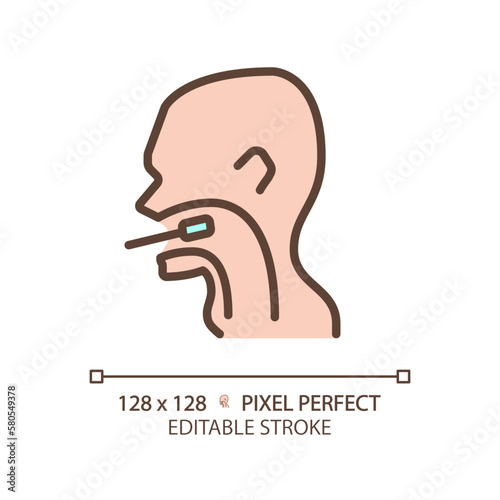 Throat exam pixel perfect RGB color icon. Medical checkup of patient. Taking sample for tests with probe. Thin line illustration. Contour symbol. Vector outline drawing. Editable stroke