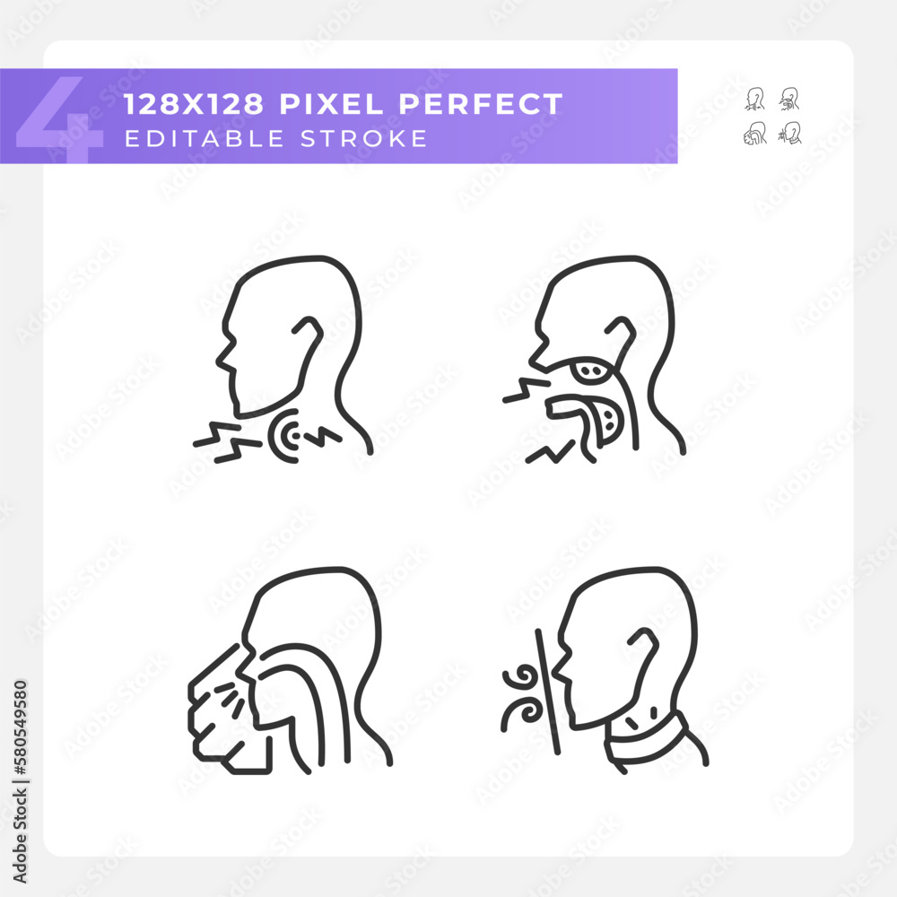 Obraz premium Throat diseases types pixel perfect linear icons set. Early diagnostics of dangerous problem. Hazard prevention. Customizable thin line symbols. Isolated vector outline illustrations. Editable stroke