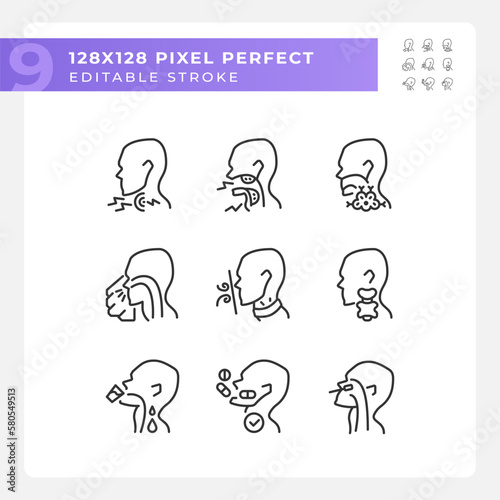 Throat diseases pixel perfect linear icons set. Types of dangerous medical problems. Examination of patients. Customizable thin line symbols. Isolated vector outline illustrations. Editable stroke