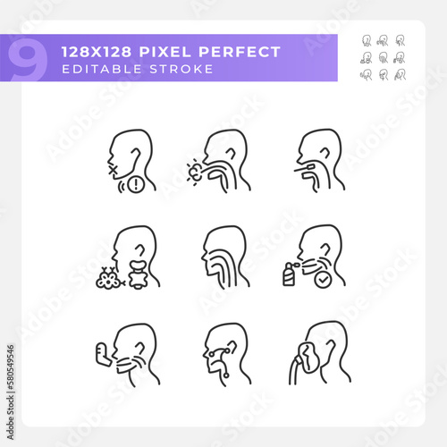 Throat problem diagnostics pixel perfect linear icons set. Different diseases of human gullet. Medical service. Customizable thin line symbols. Isolated vector outline illustrations. Editable stroke