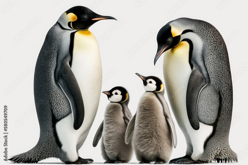 Fototapeta premium Emperor penguins and their young, standing alone against a white background. Help save Antarctica. Generative AI