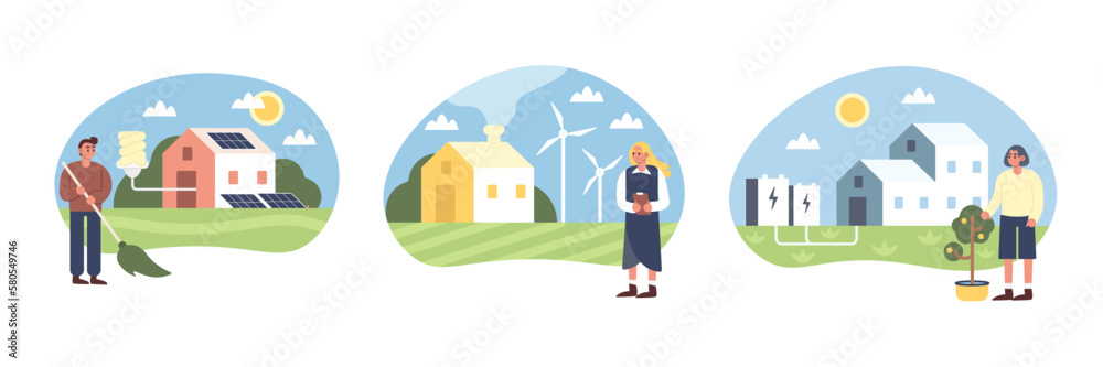 Set of modern private houses with energy from natural resources. Cartoon characters standing near buildings with solar panels, windmills and green electricity. Vector Set of modern private houses with energy from natural resources. Cartoon characters standing near buildings with solar panels, windmills and green electricity. Vector