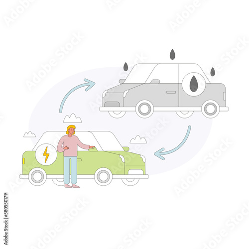 Replacing polluting gasoline car with modern electric vehicle. Ecology protection with alternative eco friendly auto. Green lifestyle. Color vector graphic, flat art, cartoon illustration