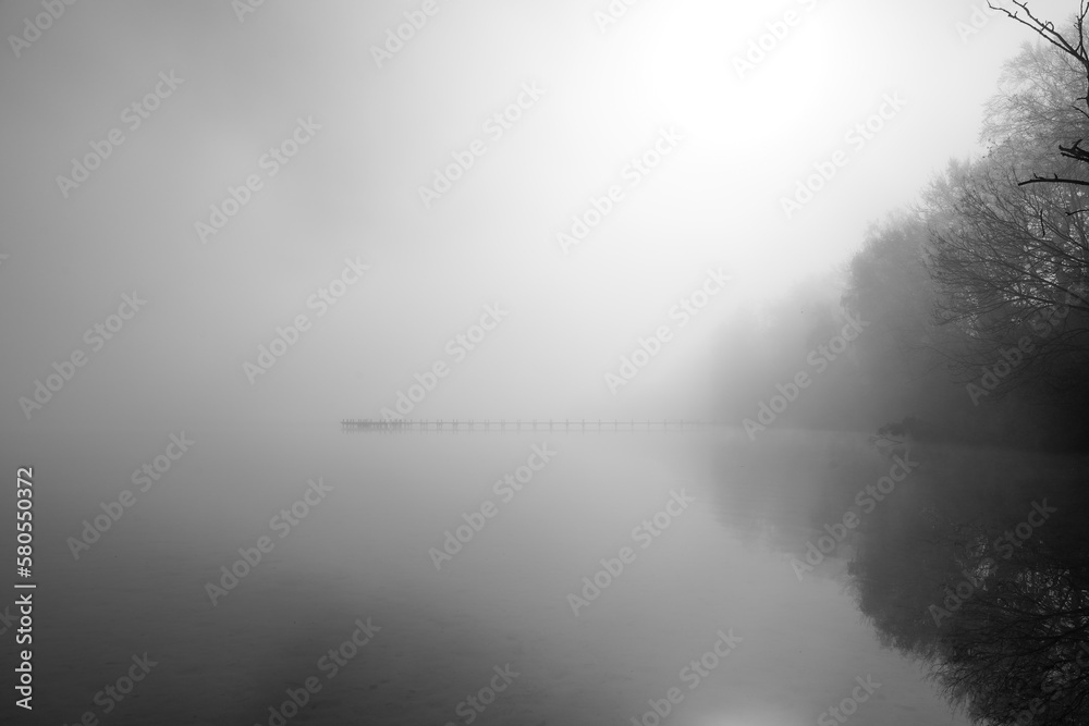 Fototapeta premium Jetty at the lake in the fog. Misty landscape in the morning. Idyllic nature by the water. Rest and relaxation. 