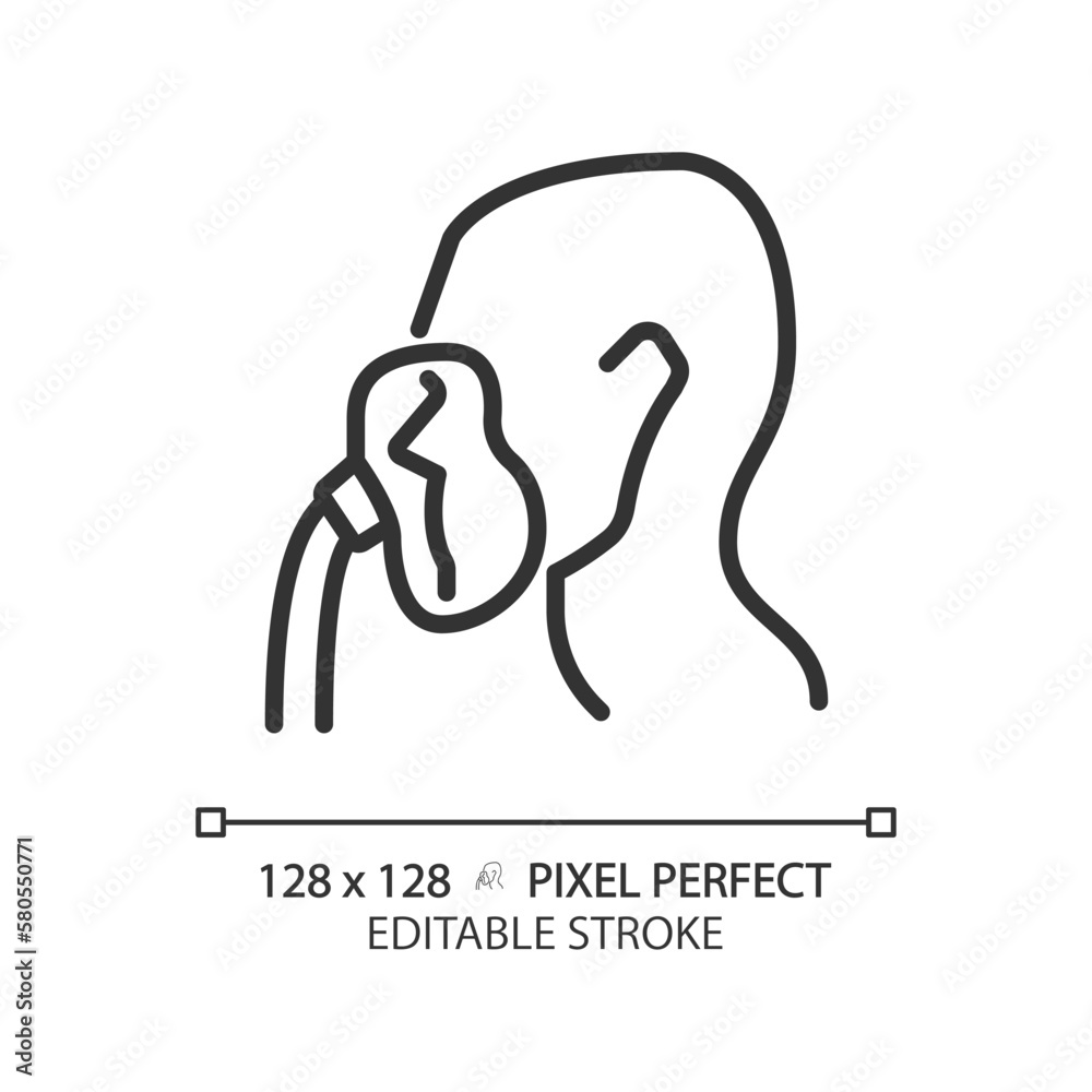Oxygen mask pixel perfect linear icon. Intensive care equipment. Emergency air for respiratory system. Thin line illustration. Contour symbol. Vector outline drawing. Editable stroke Oxygen mask pixel perfect linear icon. Intensive care equipment. Emergency air for respiratory system. Thin line illustration. Contour symbol. Vector outline drawing. Editable stroke
