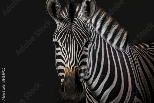 Portrait of a zebra with a black background. Generative AI