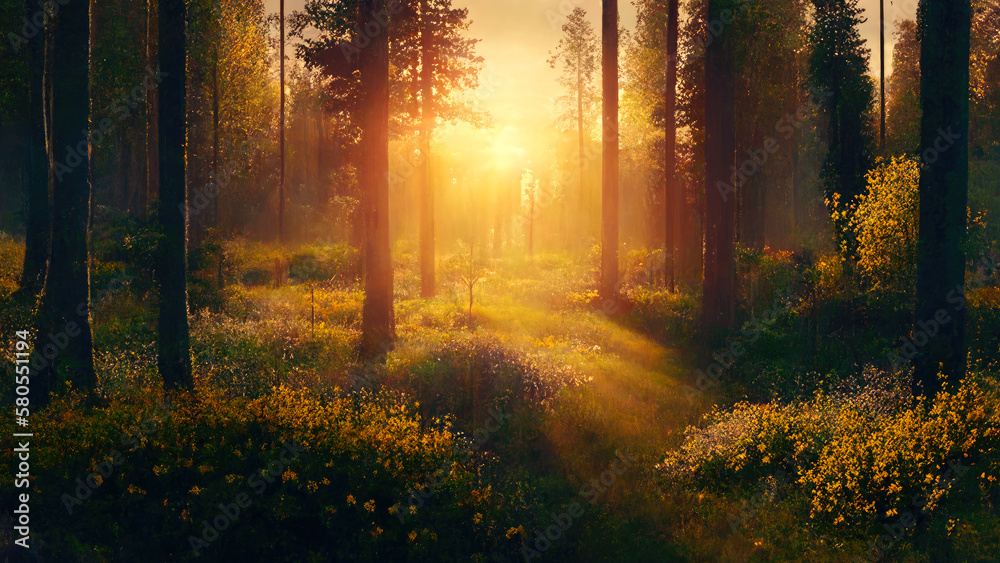 spring forest clearing at golden hour. ai generative