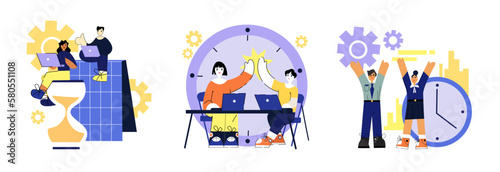 Set of different cartoon characters managing their time. People plan and control time when doing different tasks. Process of managing schedule. Successful cooperation with colleagues. Vector