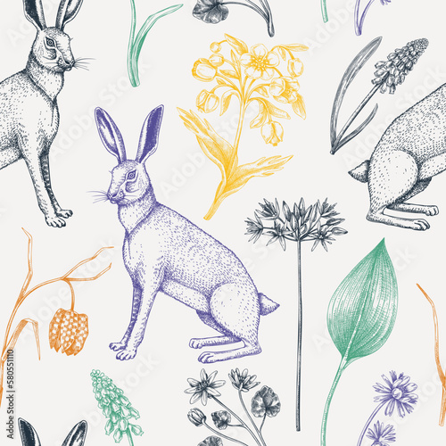 Hand-drawn hares background design. Vintage woodland flower sketches. Seamless spring pattern. Forest plants, wildflowers, and rabbits illustration for print. Vintage animals decorative backdrop.