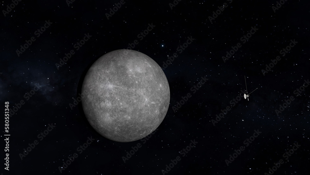 Space probe approaching planet Mercury. 3D rendering