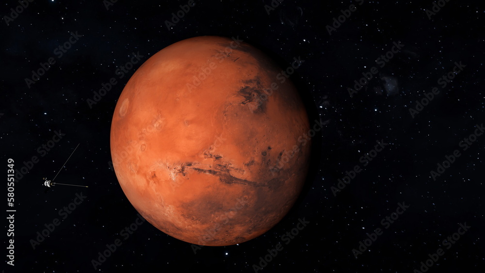 Red planet Mars in outer space and spaceship flying near