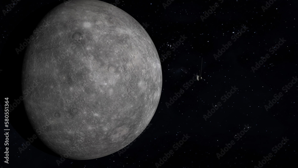 Space probe Approaching Planet Mercury. 3D Rendering Space probe Approaching Planet Mercury. 3D Rendering