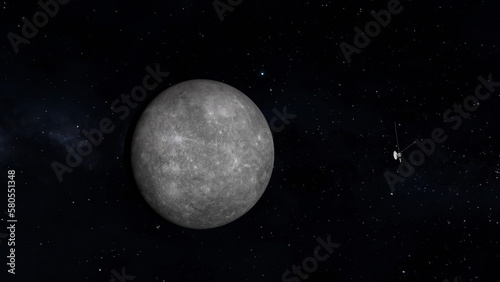 Space probe approaching planet Mercury. 3D rendering