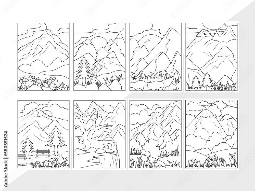Vetor de nature and mountain, nature coloring page, mountains coloring