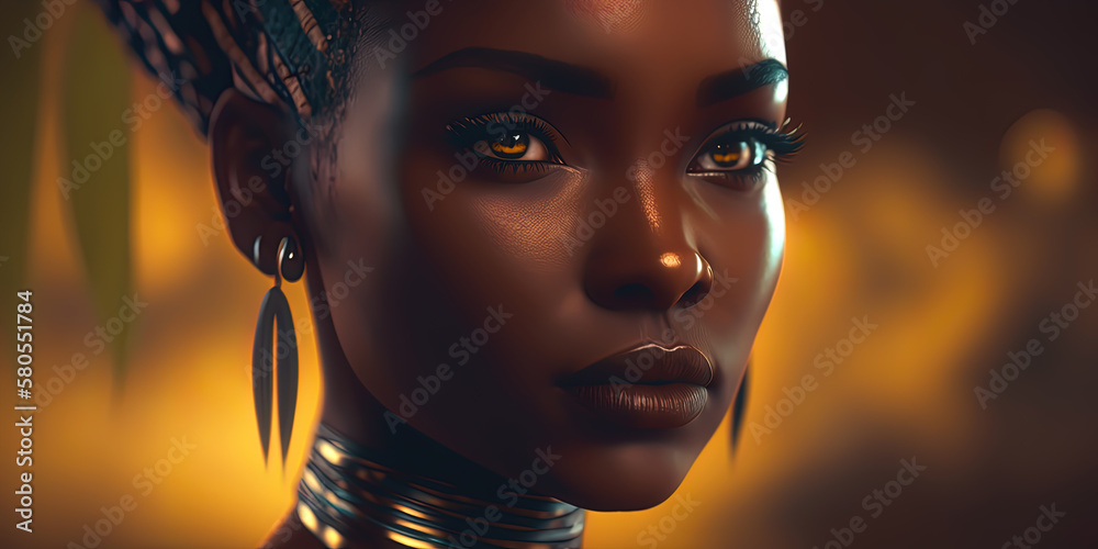 An African model in national African attire stands before an African landmark, exuding beauty and confidence. Generated by AI