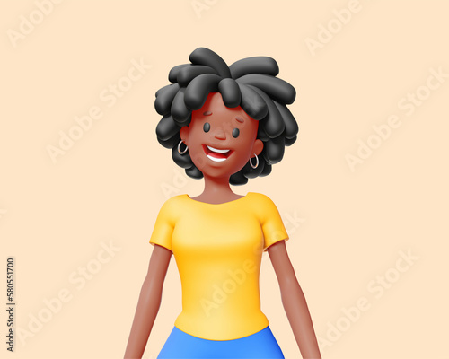 3d illustration of happy business woman with black hair isolated on white color background. 3d render design of woman character portrait