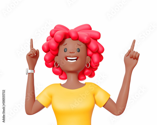 3d illustration of happy business woman with red hair point upward isolated on white color background. 3d render design of woman character portrait show hand and head up