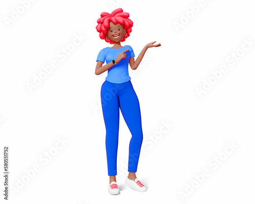 3d illustration of happy business woman with red hair isolated on white color background. 3d render design of woman character stand and show hand