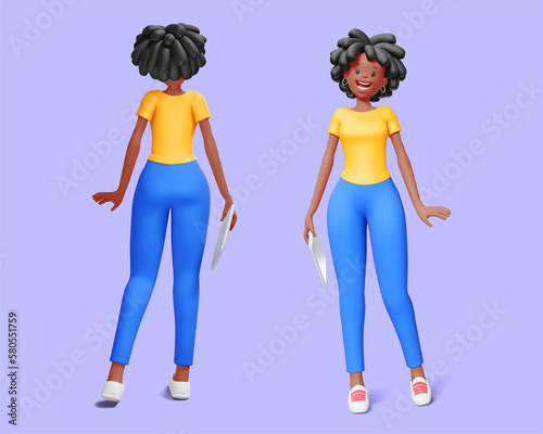3d illustration of happy business wowoman with black hair, front and back view on color background. 3d render design of woman character stand and hold laptop in hand