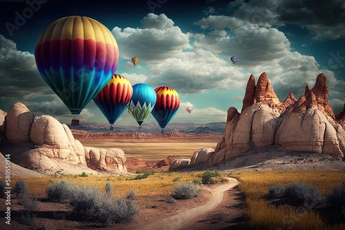 Landscape with colorful hot air balloons in the sky and canyons. Generative AI