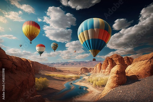 Landscape with colorful hot air balloons in the sky and canyons. Generative AI