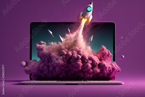 Rocket coming out of laptop screen, purple background. AI digital illustration
