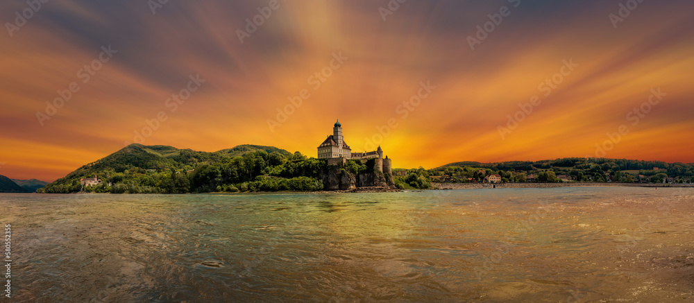 The medieval Schonbuhel castle, built on a rock on Danube river in Wachau valley, Austria