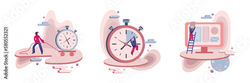 Time planning, making progress and hard work flat vector graphic. Boy pulling heavy watch, person trying to stop clock flat art set. Man with task list on giant monitor cartoon concept