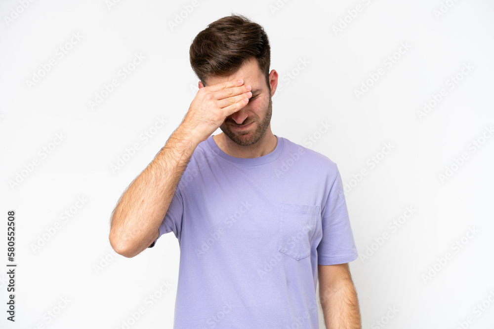 Young caucasian man isolated on white background with headache Young caucasian man isolated on white background with headache