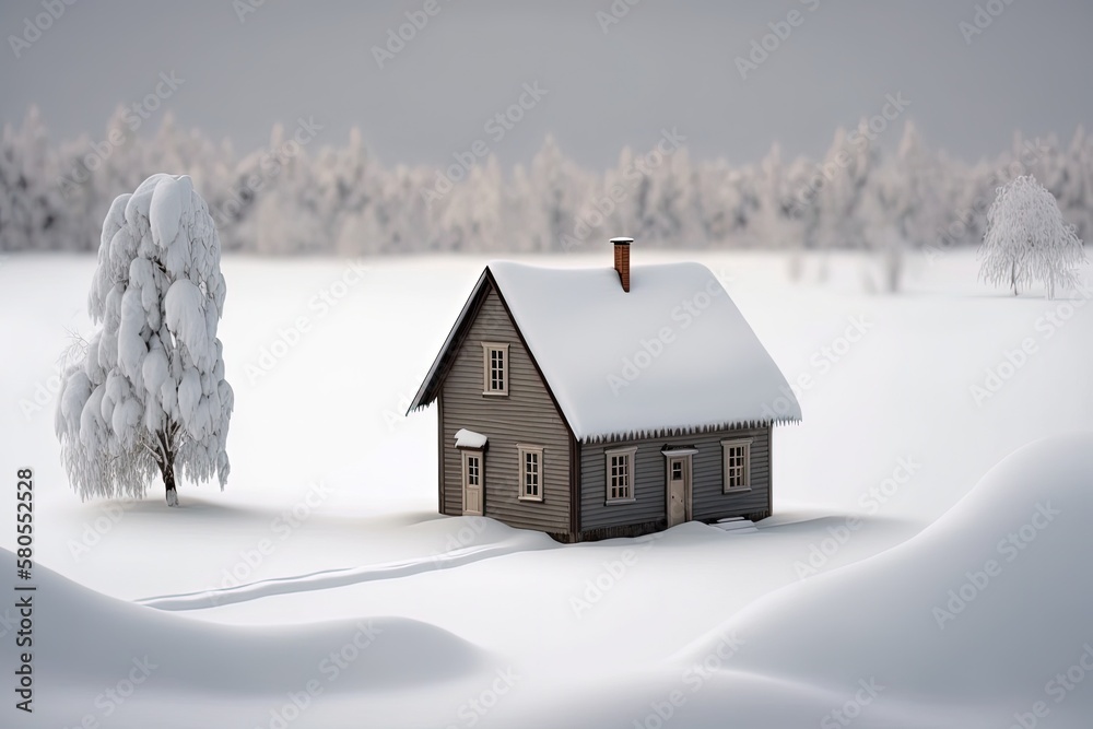 Landscape with a wooden cabin in the middle of the snow. Generative AI Landscape with a wooden cabin in the middle of the snow. Generative AI