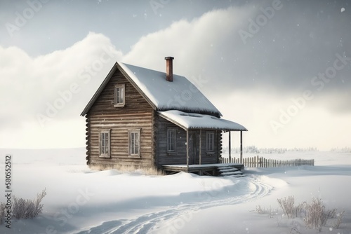 Landscape with a wooden cabin in the middle of the snow. Generative AI