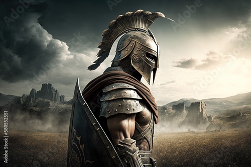 Fototapeta Landscape with spartan warrior in armor, battlefield in background