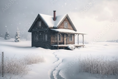 Landscape with a wooden cabin in the middle of the snow. Generative AI